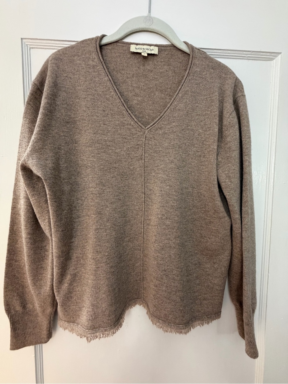 Maude & Sacha Taupe V-Neck Fringe-Hem Sweater